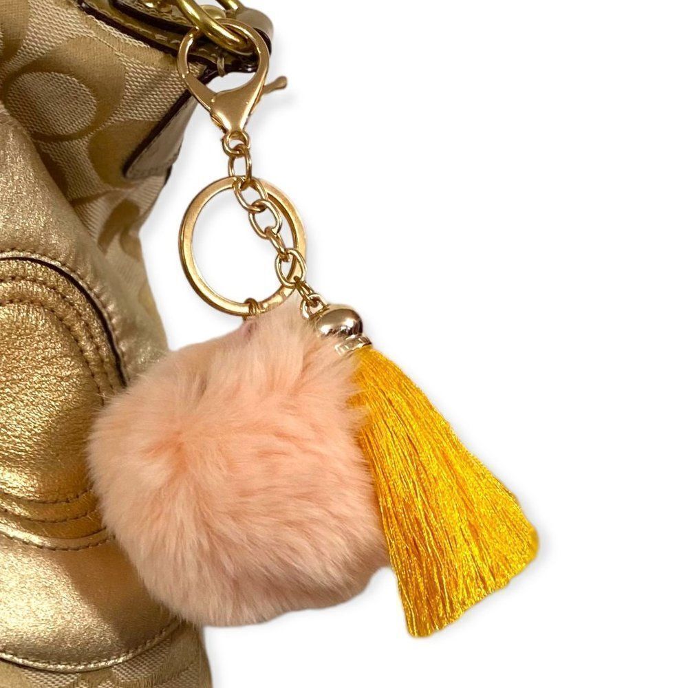 NEW Pink Fur Pom Pom Gold Tassel Key Ring Handbag Accessory